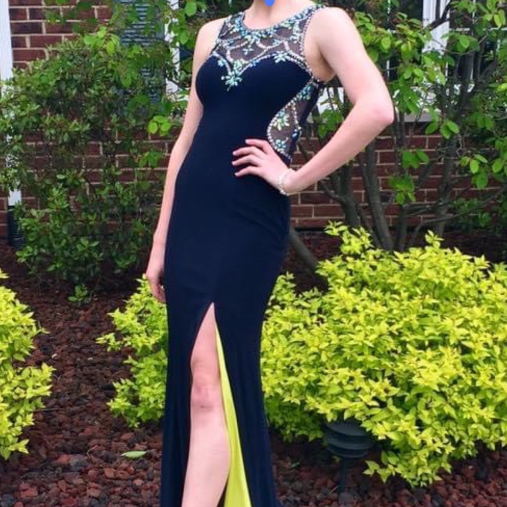 Navy+Neon Contrast Formal Dress